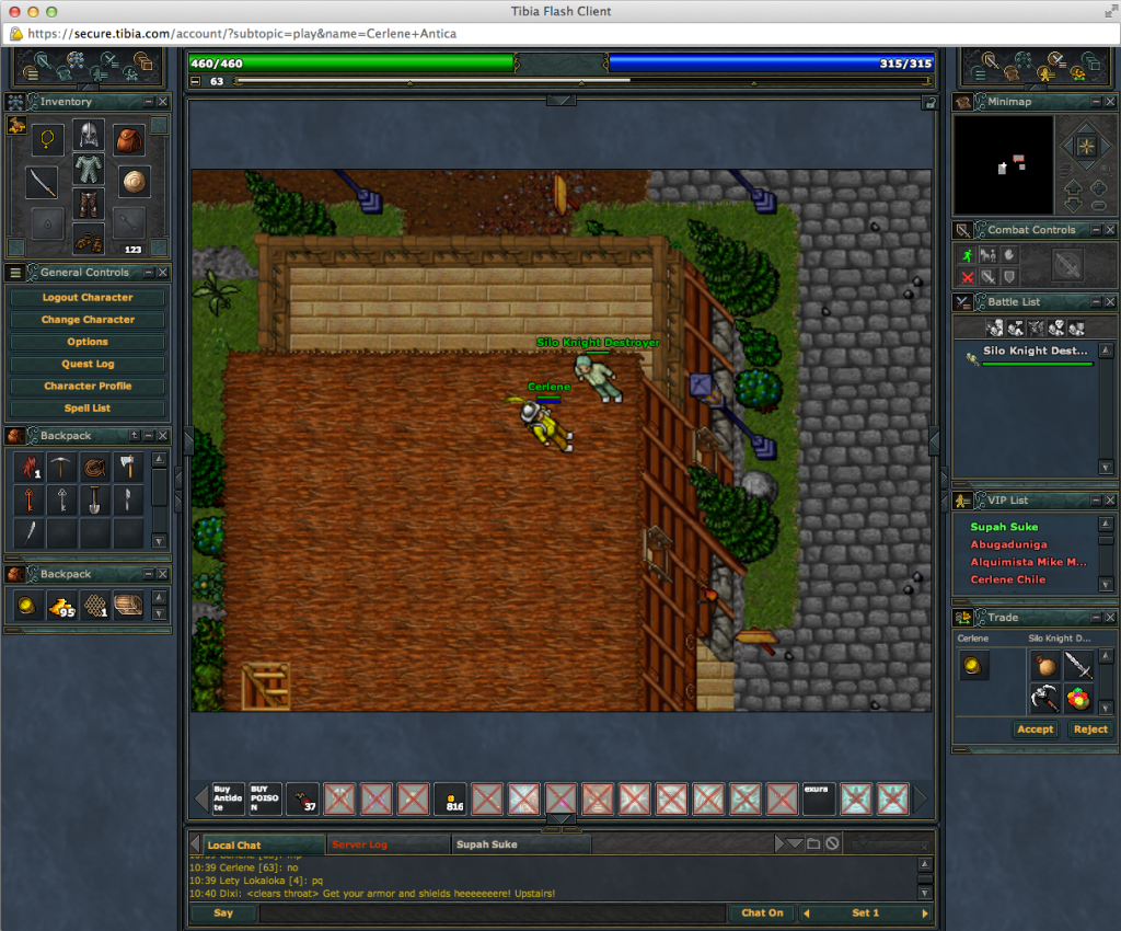 Spike Sword + Taurus Mace + Flower Bowl de propriedade do servidor de Pacera. O nome não foi escondido porque, segundo o autor da foto, o jogador Silo Knight Destroyer  está abusando de um bug e por isso merece perder todos seus itens.